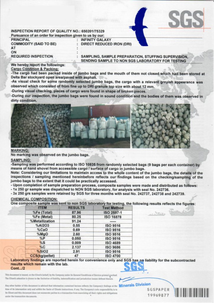 SGS inspection of sponge iron